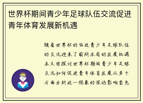 世界杯期间青少年足球队伍交流促进青年体育发展新机遇
