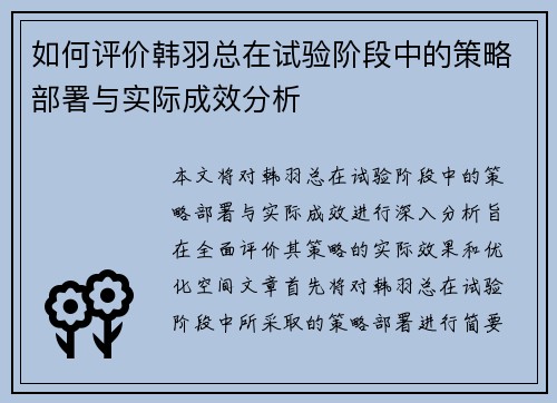如何评价韩羽总在试验阶段中的策略部署与实际成效分析